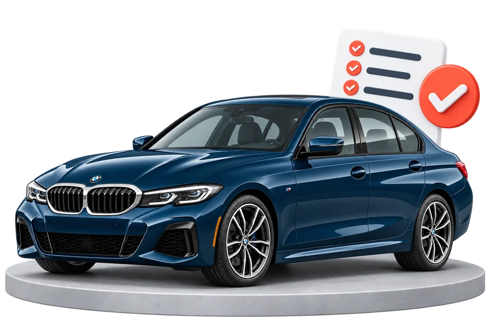 Navy BMW resting on a solid platform beside a vehicle history checklist and coral check