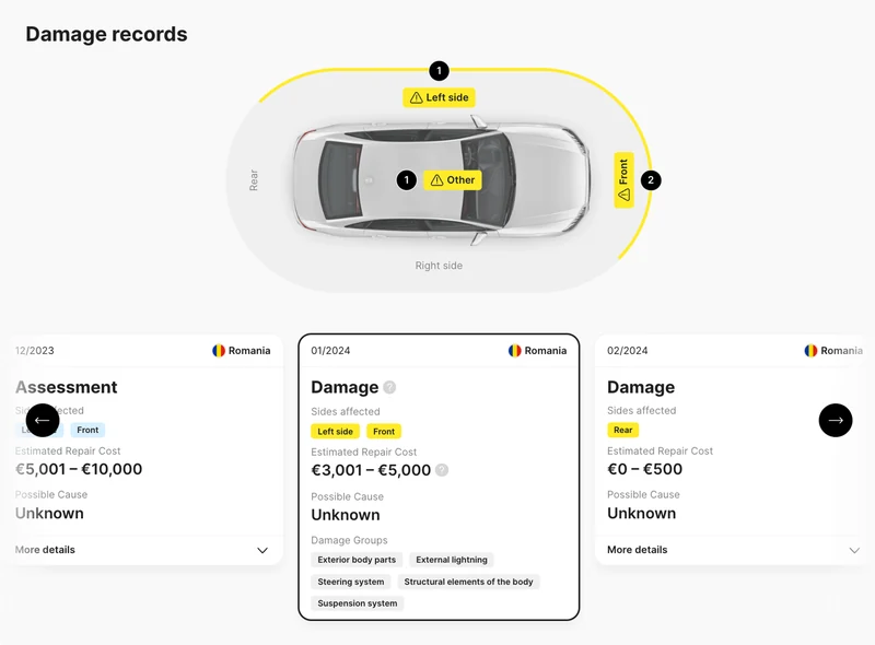 Official carVertical sample damage section with vehicle diagrams and a damage assessment